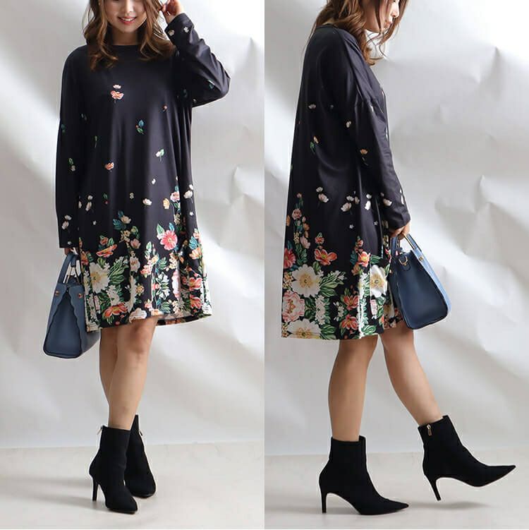 大きいサイズ レディース フワラー長袖チュニックワンピース　goldy-866 【メール便可】