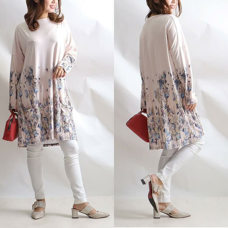 大きいサイズ レディース フワラー長袖チュニックワンピース　goldy-866 【メール便可】 ベージュ