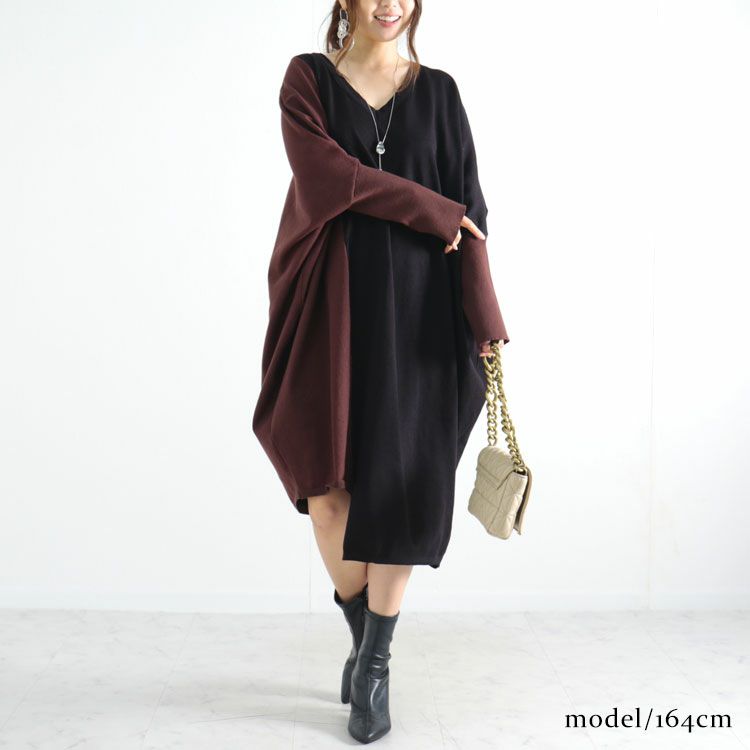 大きいサイズ レディース バイカラーVネックニットワンピース　gold878