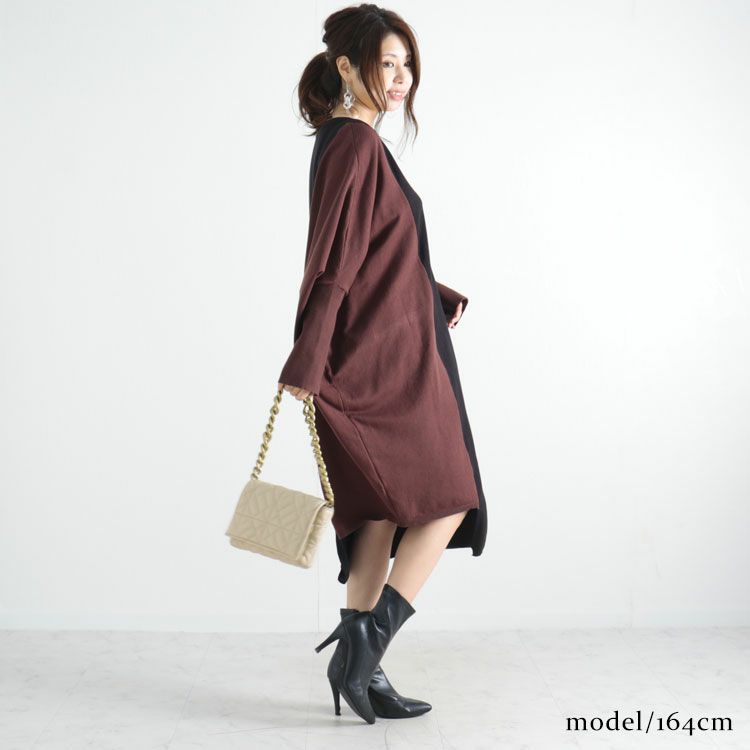 大きいサイズ レディース バイカラーVネックニットワンピース　gold878