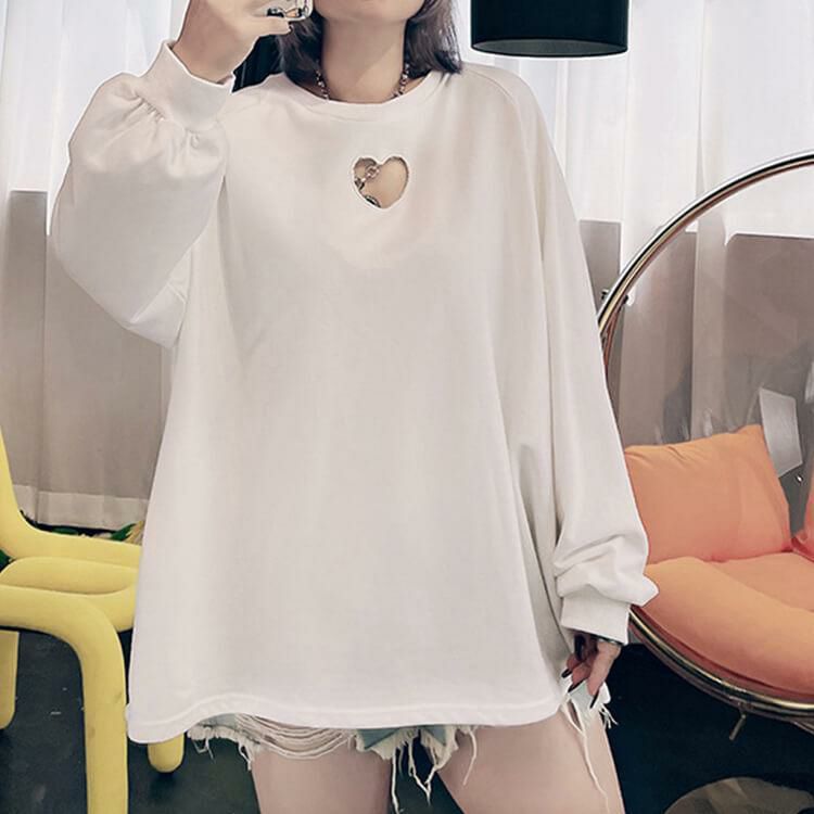 大きいサイズ レディース 胸元ハートくり抜きプルオーバー　goldy-840 【メール便可】 ホワイト