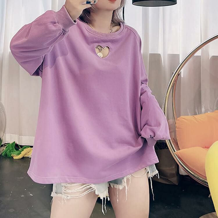 大きいサイズ レディース 胸元ハートくり抜きプルオーバー　goldy-840 【メール便可】 パープル
