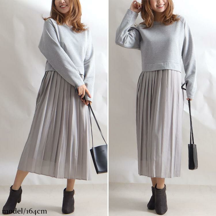 大きいサイズ レディース 前後2wayプリーツワンピース　gold881 グレー
