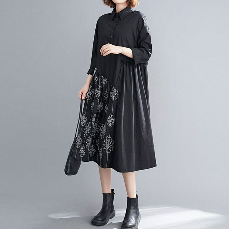 大きいサイズ レディース 花刺繍切替えシャツワンピース　goldy-878