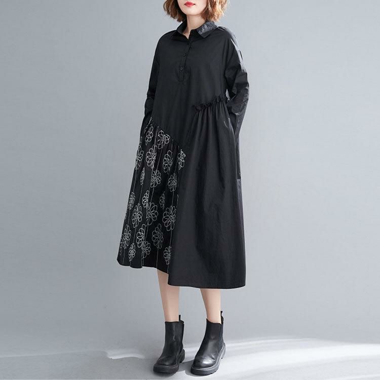 大きいサイズ レディース 花刺繍切替えシャツワンピース　goldy-878 ブラック