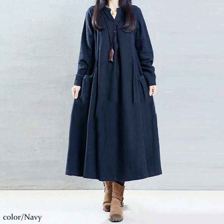 大きいサイズ レディース ロング丈コットンシャツワンピース　goldy-884 ネイビー