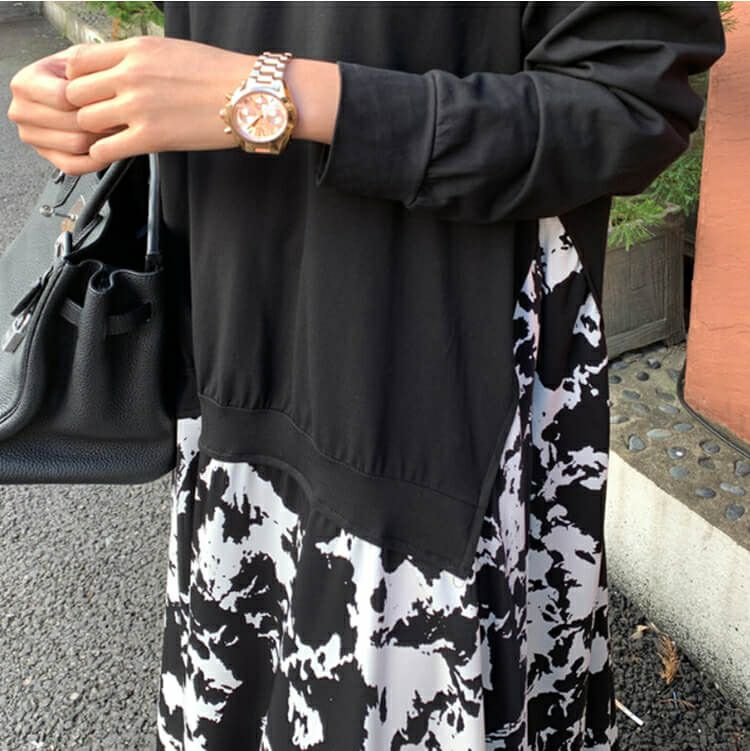 大きいサイズ レディース フェイクレイヤードフレアワンピース　goldy-876