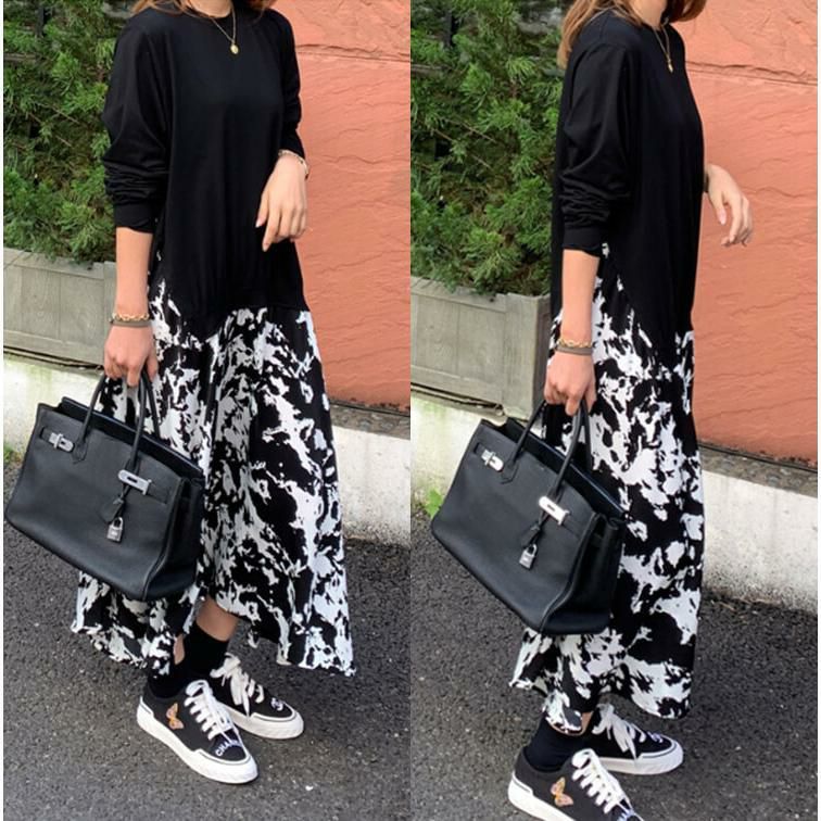 大きいサイズ レディース フェイクレイヤードフレアワンピース　goldy-876 ブラック