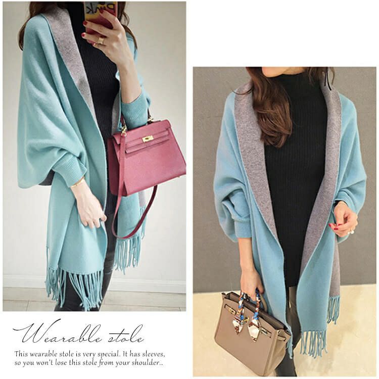 大きいサイズ レディース 袖付き着るニットストール　goldy-871