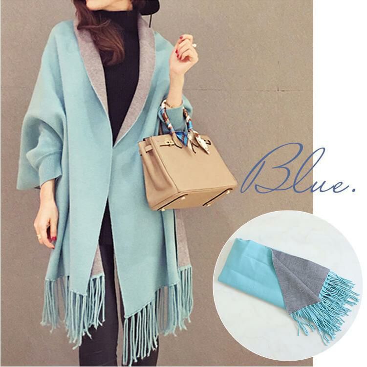 大きいサイズ レディース 袖付き着るニットストール　goldy-871 ブルー