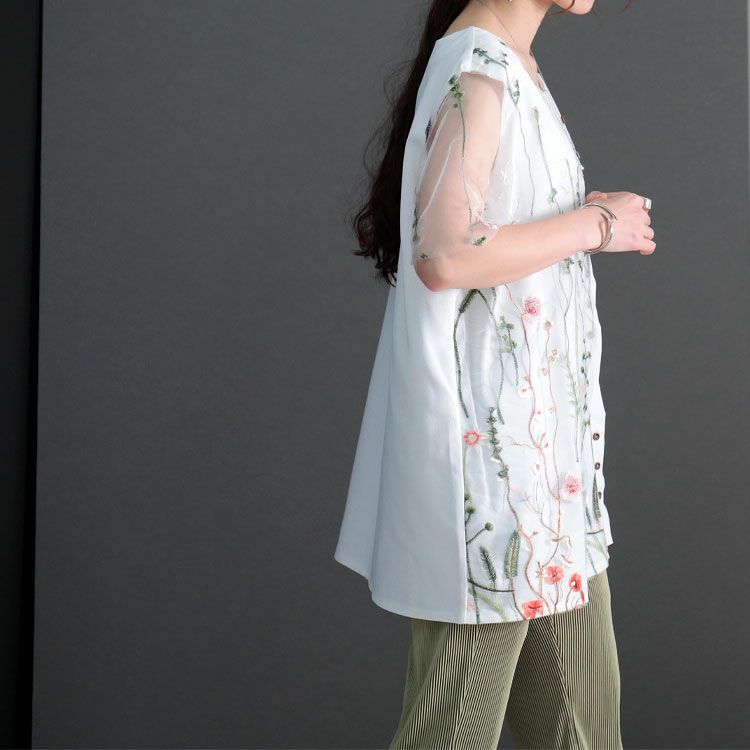 大きいサイズ レディース 花刺繍チュールレースブラウス　jp405　【ゆうパケット可】