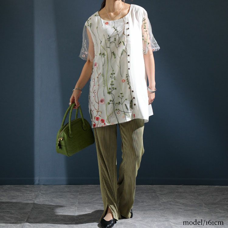 大きいサイズ レディース 花刺繍チュールレースブラウス　jp405　【ゆうパケット可】