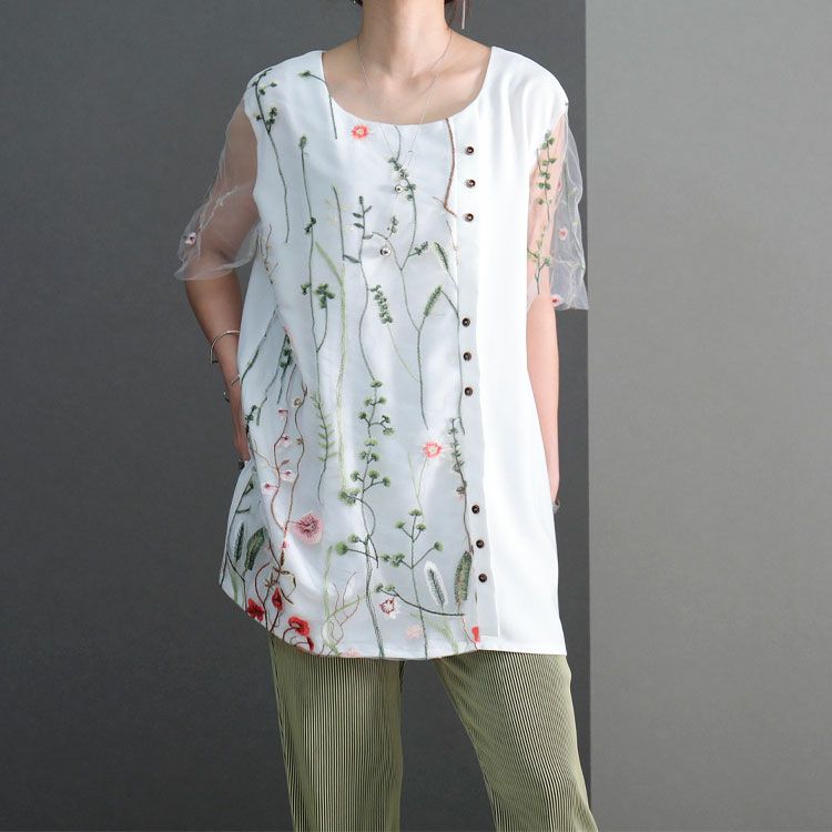 大きいサイズ レディース 花刺繍チュールレースブラウス　jp405　【ゆうパケット可】