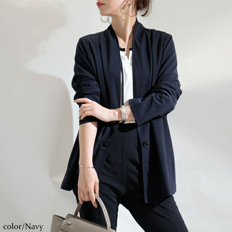 大きいサイズ レディース ストレッチカットソーシングルノーカラージャケット　maru-6489