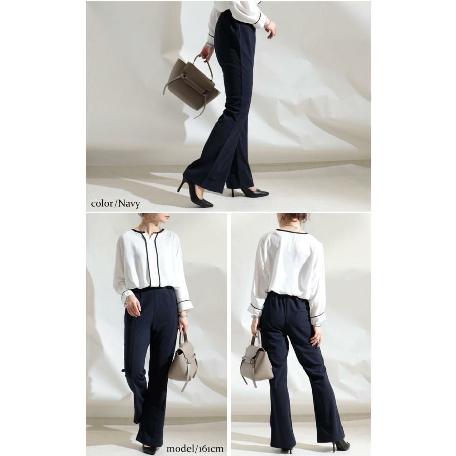 大きいサイズ レディース ひざ位置高め3cm脚長ストレッチフレアパンツ　maru-6491 ネイビー