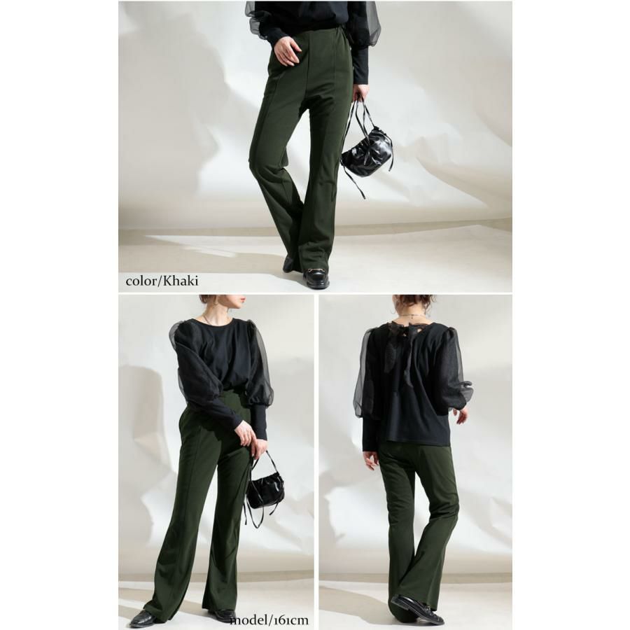 大きいサイズ レディース ひざ位置高め3cm脚長ストレッチフレアパンツ　maru-6491 カーキ