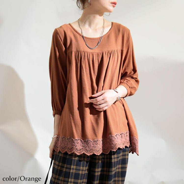 大きいサイズ レディース UVカット裾刺繍レースブラウス　mnfk-709267　【メール便可】