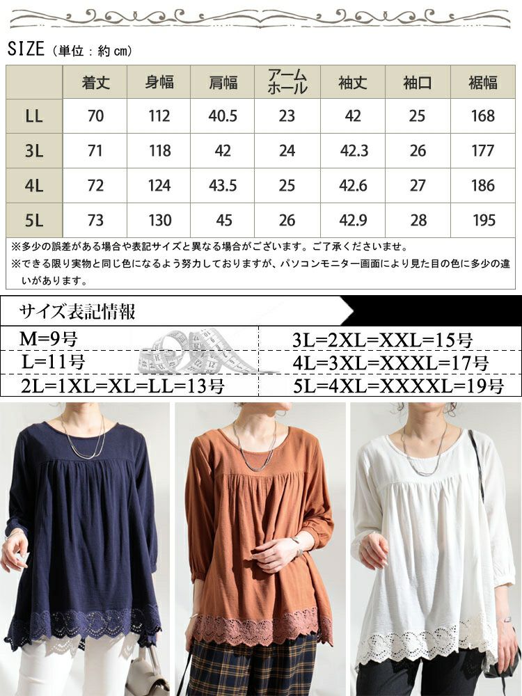 大きいサイズ レディース UVカット裾刺繍レースブラウス　mnfk-709267　【メール便可】