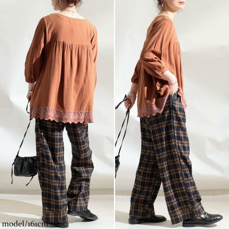 大きいサイズ レディース UVカット裾刺繍レースブラウス　mnfk-709267　【メール便可】 オレンジ