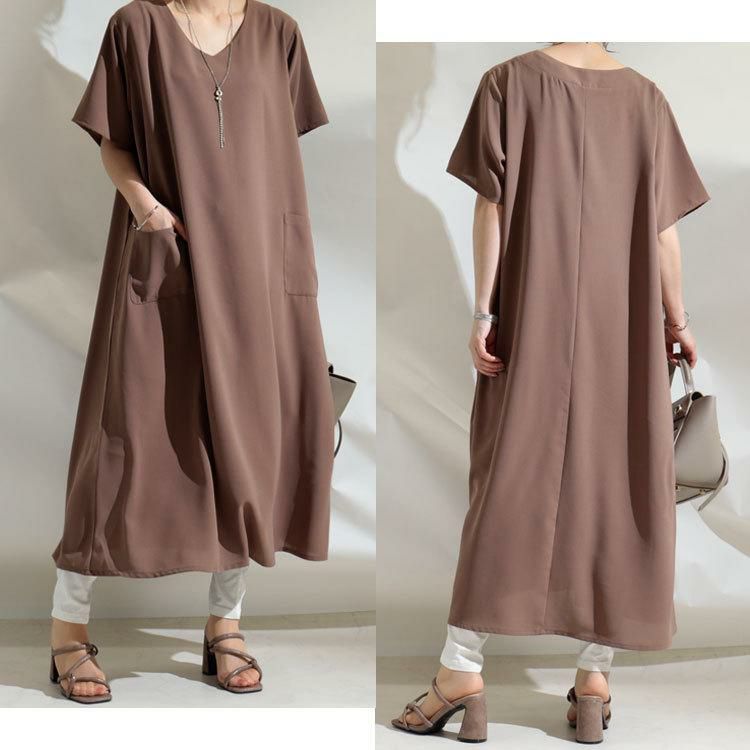 大きいサイズ レディース 麻調ツイルロングワンピース　bai-0096 モカ