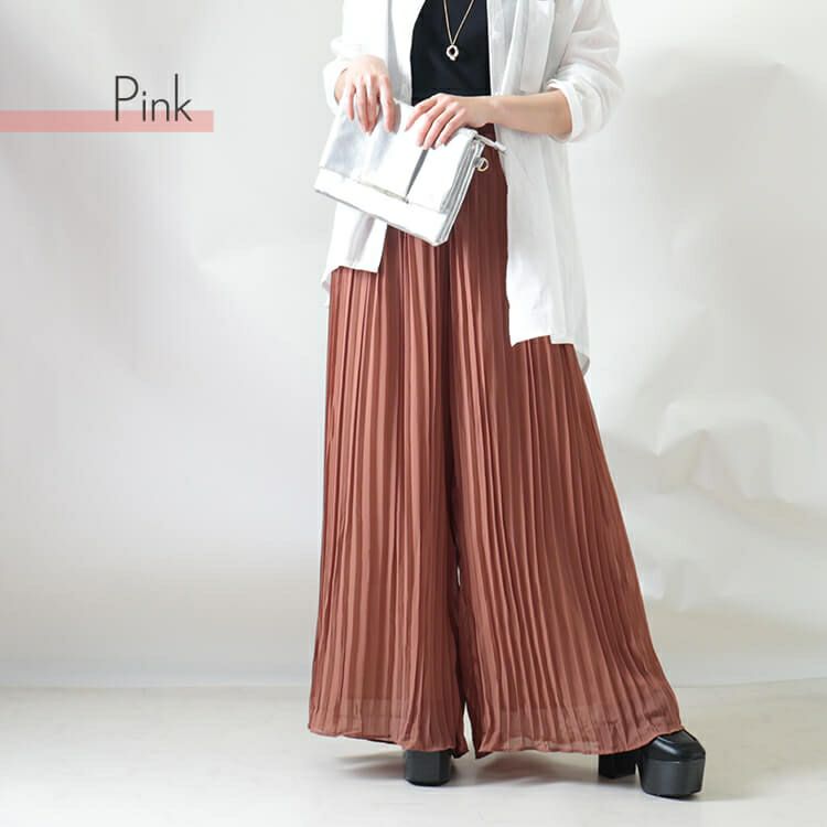 大きいサイズ レディース シースループリーツワイドパンツ　goldy-905