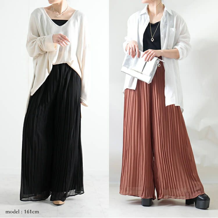 大きいサイズ レディース シースループリーツワイドパンツ　goldy-905