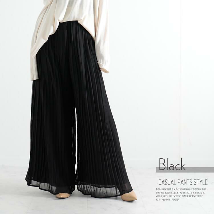 大きいサイズ レディース シースループリーツワイドパンツ　goldy-905 ブラック