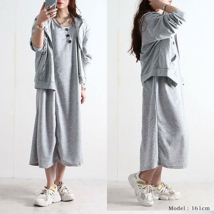 大きいサイズ レディース パーカー＆ノースリーブワンピースセット　goldy-919 グレー