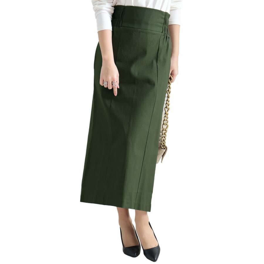 大きいサイズ レディース ストレッチツイルバックスリットナロースカート　maru-6487 カーキ