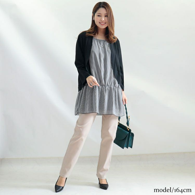 大きいサイズ レディース カーデフェイクストライプ柄シフォンチュニック　cast-5522047