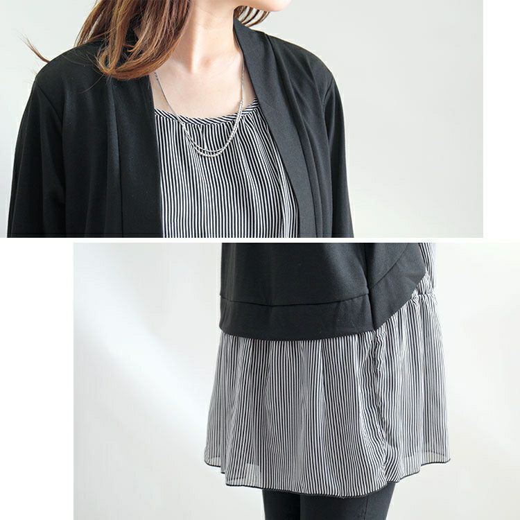 大きいサイズ レディース カーデフェイクストライプ柄シフォンチュニック　cast-5522047