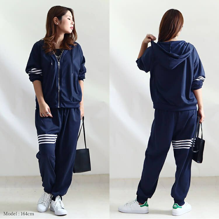 大きいサイズ レディース ラインデザインパーカー＆パンツセット　goldy-941