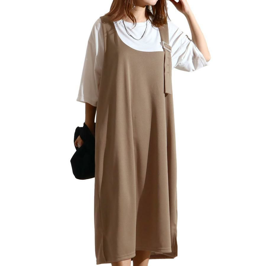 大きいサイズ レディース 2点セットジャンパースカート＆Tシャツ　mncut-122134 モカ