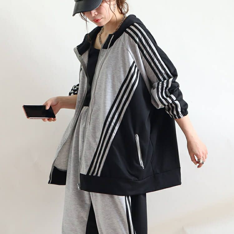 大きいサイズ レディース アシンメトリーラインパーカー＆パンツセット　goldy-918