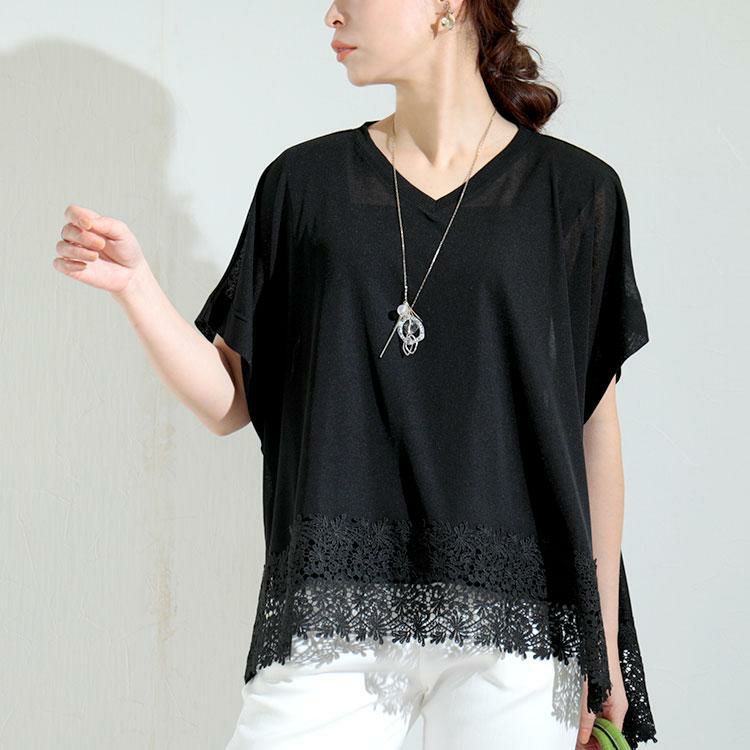 大きいサイズ レディース 裾レースシアーポンチョトップス　kt-22001 ブラック