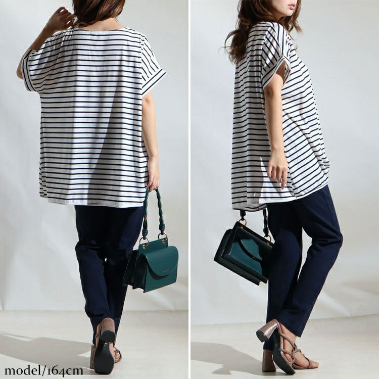 大きいサイズ レディース 裾タックボーダー柄カットソー　mncut-122218 【メール便可】