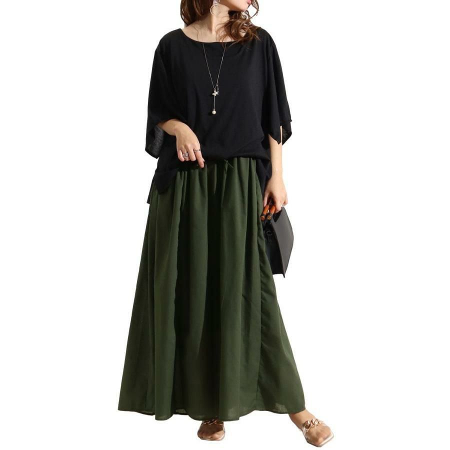 大きいサイズ レディース 異素材ドッキングワンピース　nw-22002 カーキ