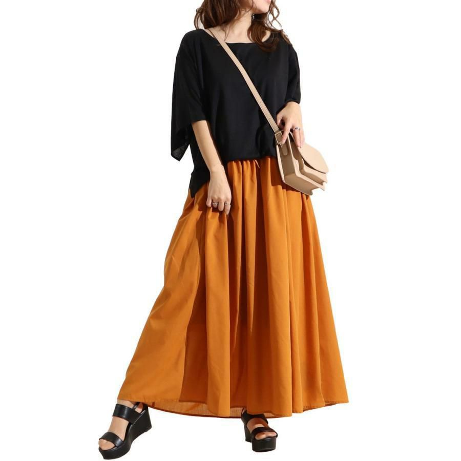 大きいサイズ レディース 異素材ドッキングワンピース　nw-22002 オレンジ