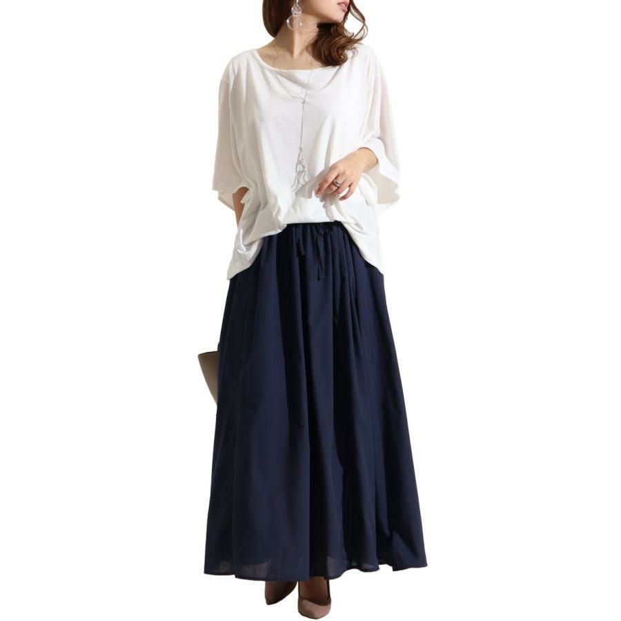 大きいサイズ レディース 異素材ドッキングワンピース　nw-22002 ホワイト×ネイビー