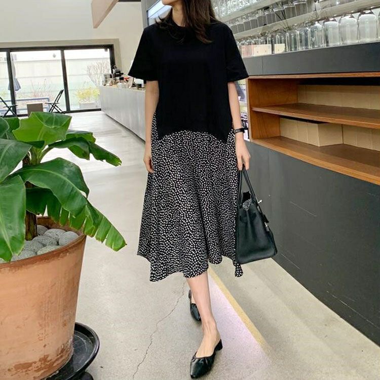 大きいサイズ レディース 異素材ドッキングワンピース　goldy-956 【メール便可】