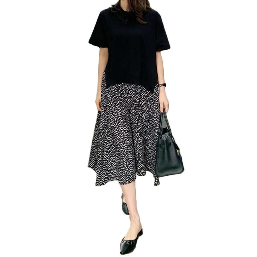 大きいサイズ レディース 異素材ドッキングワンピース　goldy-956 【メール便可】 ブラック