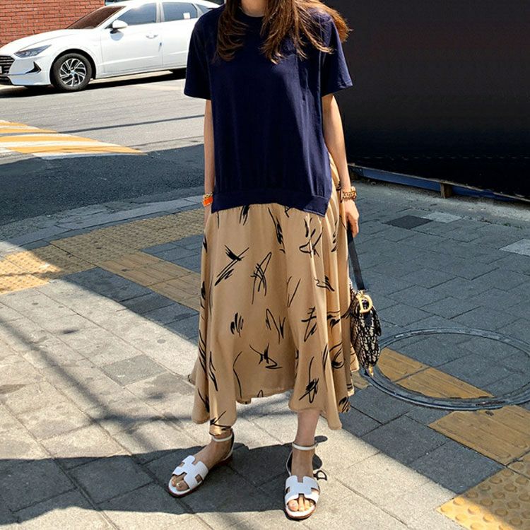 大きいサイズ レディース 異素材ドッキングワンピース　goldy-955 【メール便可】