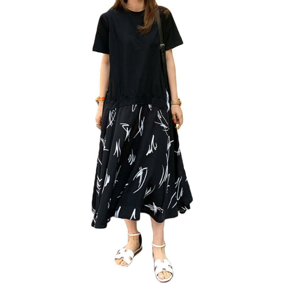 大きいサイズ レディース 異素材ドッキングワンピース　goldy-955 【メール便可】 ブラック