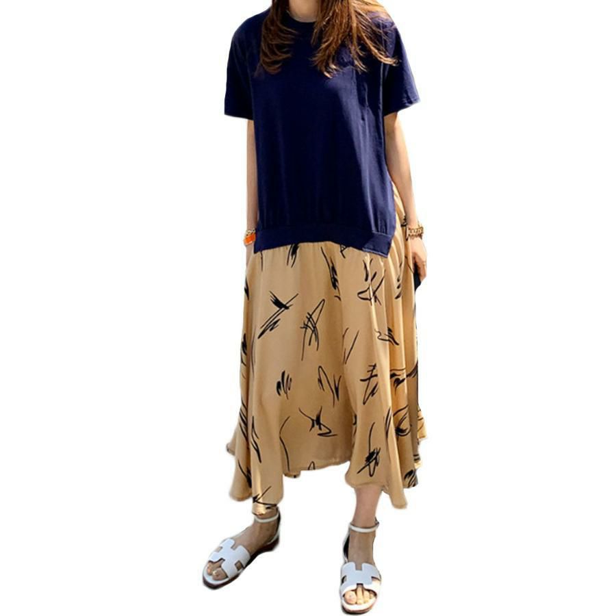 大きいサイズ レディース 異素材ドッキングワンピース　goldy-955 【メール便可】 ネイビー