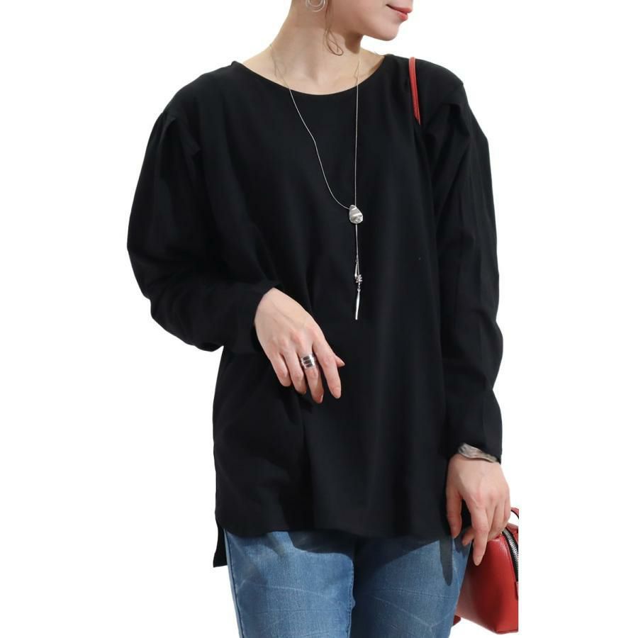 大きいサイズ レディース 袖タックコットンカットソー　wk-0308 【メール便可】 ブラック