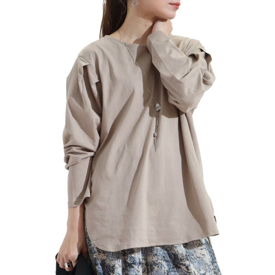 大きいサイズ レディース 袖タックコットンカットソー　wk-0308 【メール便可】 グレーベージュ