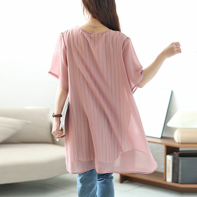 大きいサイズ レディース ストライプ柄シフォンフェイクチュニック　cast-5524023