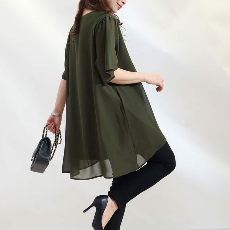 大きいサイズ レディース ストライプ柄シフォンフェイクチュニック　cast-5524023