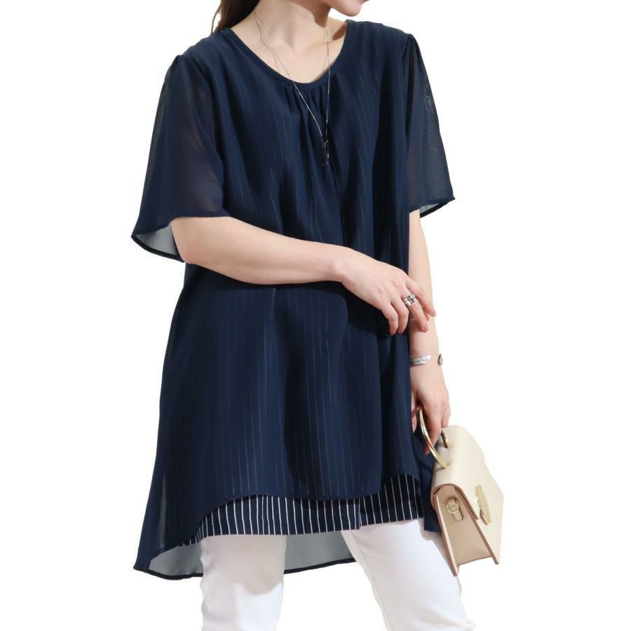 大きいサイズ レディース ストライプ柄シフォンフェイクチュニック　cast-5524023 ネイビー