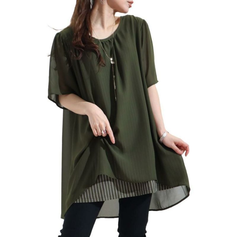 大きいサイズ レディース ストライプ柄シフォンフェイクチュニック　cast-5524023 カーキ